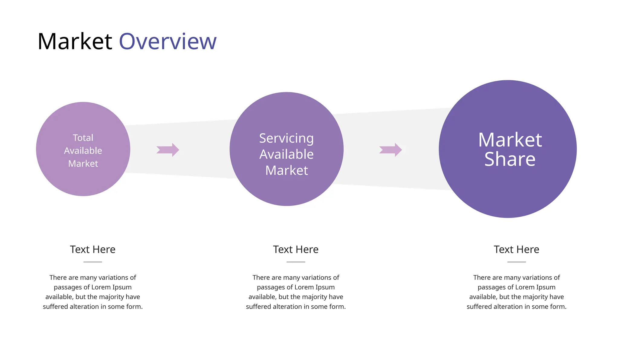 Market Overview
There are many variations of
passages of Lorem Ipsum
available, but the majority have
suffered alteration in some form.
Text Here
There are many variations of
passages of Lorem Ipsum
available, but the majority have
suffered alteration in some form.
Text Here
There are many variations of
passages of Lorem Ipsum
available, but the majority have
suffered alteration in some form.
Text Here
Total
Available
Market
Servicing
Available
Market
Market
Share
 