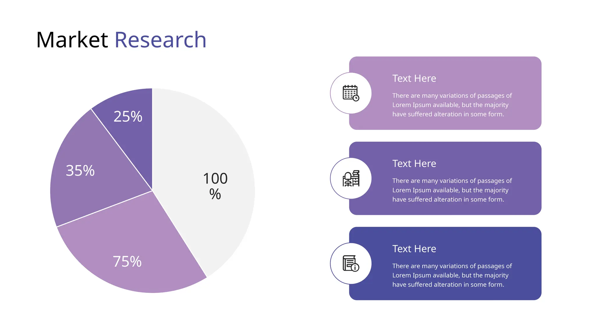 Market Research
25%
35%
100
%
75%
There are many variations of passages of
Lorem Ipsum available, but the majority
have suffered alteration in some form.
Text Here
There are many variations of passages of
Lorem Ipsum available, but the majority
have suffered alteration in some form.
Text Here
There are many variations of passages of
Lorem Ipsum available, but the majority
have suffered alteration in some form.
Text Here
 