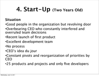 4. Start-Up   (Two Years Old)

       Situation
       •Good people in the organization but revolving door
       •Overbea...