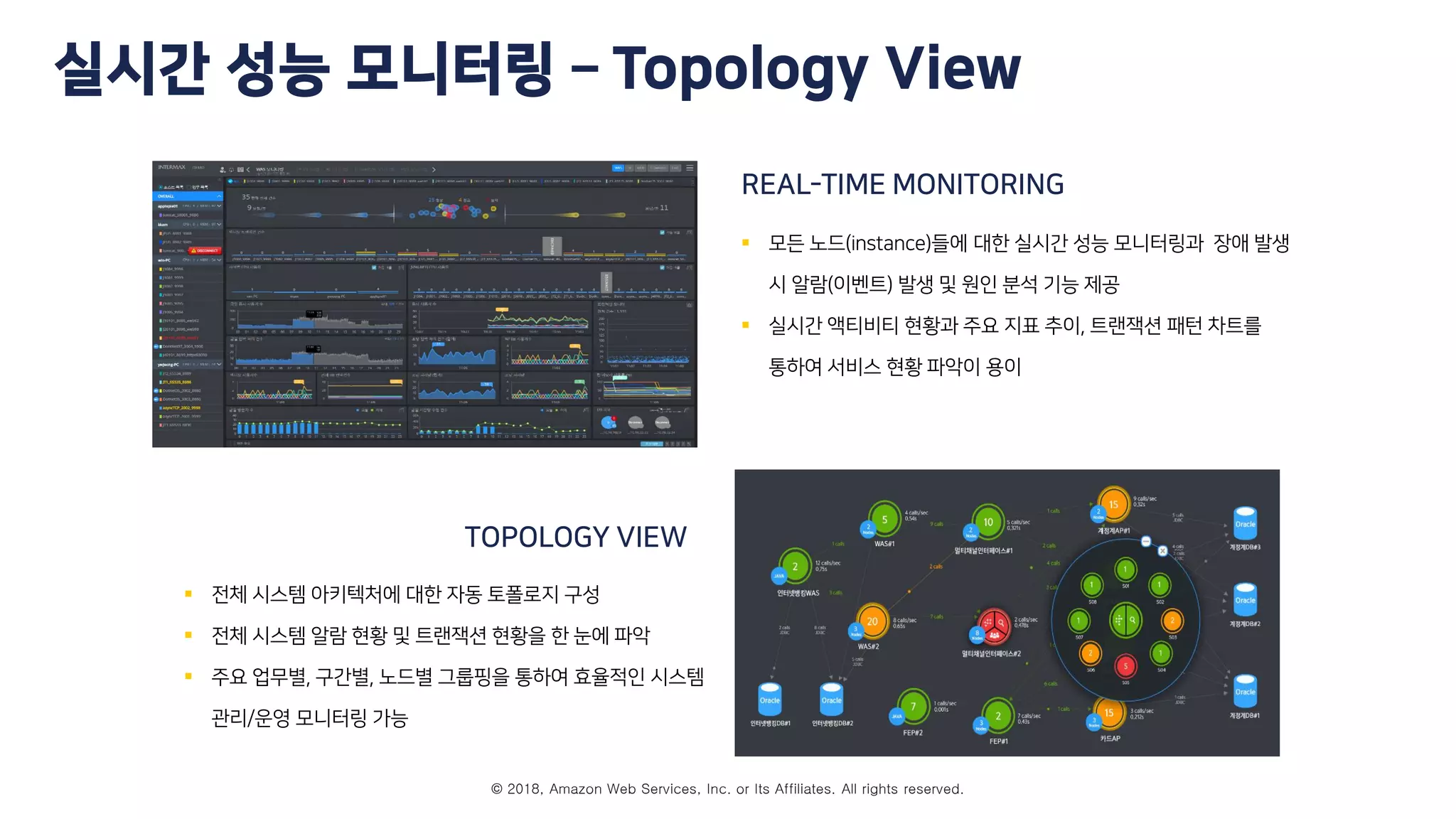 © 2018, Amazon Web Services, Inc. or Its Affiliates. All rights reserved.
실시간 성능 모니터링 – Topology View
 모든 노드(instance)들에 대한 실시간 성능 모니터링과 장애 발생
시 알람(이벤트) 발생 및 원인 분석 기능 제공
 실시간 액티비티 현황과 주요 지표 추이, 트랜잭션 패턴 차트를
통하여 서비스 현황 파악이 용이
REAL-TIME MONITORING
 전체 시스템 아키텍처에 대한 자동 토폴로지 구성
 전체 시스템 알람 현황 및 트랜잭션 현황을 한 눈에 파악
 주요 업무별, 구간별, 노드별 그룹핑을 통하여 효율적인 시스템
관리/운영 모니터링 가능
TOPOLOGY VIEW
 