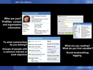 Deriving business value from Social Networking Who are you? Profiles:  contact and organization information   To what comm...