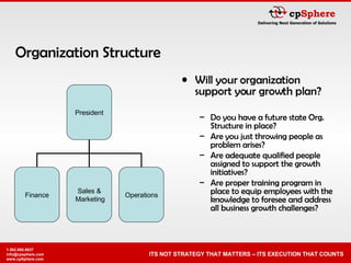 Organization Structure Will your organization support your growth plan? Do you have a future state Org. Structure in place? Are you just throwing people as problem arises? Are adequate qualified people assigned to support the growth initiatives? Are proper training program in place to equip employees with the knowledge to foresee and address all business growth challenges? President Finance Sales & Marketing Operations 