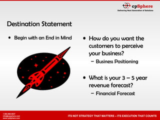 Destination Statement Begin with an End in Mind How do you want the customers to perceive your business? Business Positioning What is your 3 – 5 year revenue forecast? Financial Forecast 