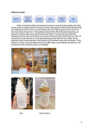 8
Softsrve Ice cream
Firstly, we approach softsrve and asking for sponsor ice cream from them butthey told us that
he does nothave enough machine for lending us. Hence, We approach to Hitech Electrical Engineering
and marketing sdn bhd to rent an ice cream machine and kiosk. After we getto rent the macine, we
also need to find a transport for it. After getting the transport from Hitech Electrical Engineering, we
approach to Softsrve again and we getthe sponsored by them. The owner will give us the fresh
ingredients, topping,cups,spoon and dry ice everyday. We also go to their shop traning for 2 days. All
we need to do is justmake the ice cream adding topping and also make the dry ice effect. We are
selling the 4 type ofcereal milk flavor, which are plain, light breakfast, honey chips and theater. Fo r the
Softsrve ice cream, the special feature is the dry ice effectmakes it looks attractive and delicious. The
ice cream can make customers cooler in a hotweather.
Approach to
Softsrve
Approach to
Hitech
Electrical
Engineering
Lokkingfor
transpport
Back to
Softsrve
Trainingfor
makingice
cream
Charity
drive
Plain Light Breakfast
 