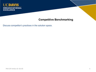 Competitive Benchmarking
6PM-COP Artifact ID: I02.00
Discuss competitor’s practices in the solution space.
 