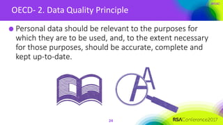 #RSAC
OECD- 2. Data Quality Principle
24
Personal data should be relevant to the purposes for
which they are to be used, and, to the extent necessary
for those purposes, should be accurate, complete and
kept up-to-date.
 