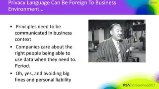 #RSACPrivacy Language Can Be Foreign To Business
Environment…
• Principles need to be
communicated in business
context
• Companies care about the
right people being able to
use data when they need to.
Period.
• Oh, yes, and avoiding big
fines and personal liability
 