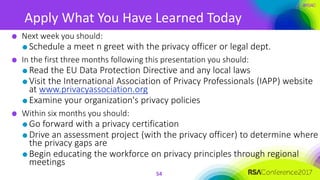 #RSAC
54
Next week you should:
Schedule a meet n greet with the privacy officer or legal dept.
In the first three months following this presentation you should:
Read the EU Data Protection Directive and any local laws
Visit the International Association of Privacy Professionals (IAPP) website
at www.privacyassociation.org
Examine your organization's privacy policies
Within six months you should:
Go forward with a privacy certification
Drive an assessment project (with the privacy officer) to determine where
the privacy gaps are
Begin educating the workforce on privacy principles through regional
meetings
Apply What You Have Learned Today
 