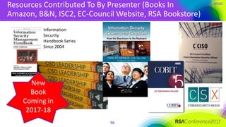 #RSAC
Resources Contributed To By Presenter (Books In
Amazon, B&N, ISC2, EC-Council Website, RSA Bookstore)
56
Information
Security
Handbook Series
Since 2004
New
Book
Coming in
2017-18
 