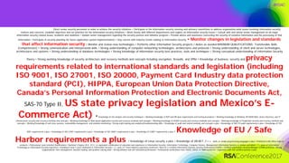 #RSAC
Direct senior security personnel in order to achieve the security initiatives • Participate in the information security steering and advisory committees to address organization-wide issues involving information security
matters and concerns, establish objectives and set priorities for the information security initiatives • Work closely with different departments and regions on information security issues • Consult with and advise senior management on all major
information security related issues, incidents and violations • Update senior management regarding the security posture and initiative progress • Provide advice and assistance concerning the security of sensitive information and the processing of that
information • Participate in security planning for future application system implementations • Stay current with industry trends relating to Information Security • Monitor changes in legislation and standards
that affect information security • Monitor and review new technologies • Performs other Information Security projects / duties as needed MINIMUM QUALIFICATIONS: Transferable Skills
(Competencies) • Strong communication and interpersonal skills • Strong understanding of computer networking technologies, architectures and protocols • Strong understanding of client and server technologies,
architectures and systems • Strong understanding of database technologies • Strong knowledge of information security best practices, tools and techniques • Strong conceptual understanding of Information Security
theory • Strong working knowledge of security architecture and recovery methods and concepts including encryption, firewalls, and VPNs • Knowledge of business, security and privacy
requirements related to international standards and legislation (including
ISO 9001, ISO 27001, ISO 20000, Payment Card Industry data protection
standard (PCI), HIPPA, European Union Data Protection Directive,
Canada’s Personal Information Protection and Electronic Documents Act,
SAS-70 Type II, US state privacy legislation and Mexico’s E-
Commerce Act) • Knowledge of risk analysis and security techniques • Working knowledge of BCP and DR plan requirements and testing procedures • Working knowledge of Windows XP/2000/2003, Active Directory, and IT
Infrastructure security and recovery methods and concepts • Working knowledge of Web-based application security and recovery methods and concepts • Working knowledge of AS400 security and recovery methods and concepts • Working knowledge of PeopleSoft security and recovery methods and
concepts • Working Knowledge of anti-virus systems, vulnerability management, and violation monitoring • Strong multi-tasking and analytical/troubleshooting skills • Knowledge of audit and control methods and concepts a plus • Knowledge of SAS-70 audit requirements a plus • Knowledge of ISO
9001 requirements a plus • Knowledge of ISO 27001 requirements a plus • Knowledge of ISO 20001 requirements a plus • Knowledge of COBIT requirements a plus • Knowledge of EU / Safe
Harbor requirements a plus • Knowledge of Linux security a plus • Knowledge of VB.NET, C++, JAVA, or similar programming languages a plus • Proficient in MS-Office suite of
products • Professional, team oriented Qualifications • Bachelor’s Degree (B.A., B.S.), or equivalent combination of education and experience in Information Security, Information Technology, Computer Science, Management Information Systems or similar curriculum • 7+ years of Information
Technology or Information Security experience, including at least 5 years dedicated to Information Security • 2+ years of Travel Industry experience preferred • Must be a Certified Information Systems Security Professional (CISSP) • Certified Information Security Manager (CISM) preferred • Strong
organizational, time management, decision making, and problem solving skills • Strong initiative and self motivated professional • Professional certifications from ISACA, (ISC)2, or SANS preferred • Experience with ISO certified systems a plus
 