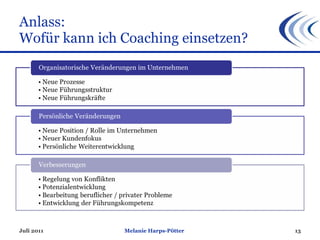 Anlass: Wofür kann ich Coaching einsetzen? Juli 2011 Melanie Harps-Pötter 