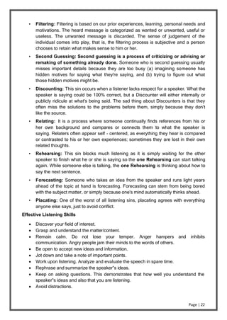 Page | 22
• Filtering: Filtering is based on our prior experiences, learning, personal needs and
motivations. The heard message is categorized as wanted or unwanted, useful or
useless. The unwanted message is discarded. The sense of judgement of the
individual comes into play, that is, the filtering process is subjective and a person
chooses to retain what makes sense to him or her.
• Second Guessing: Second guessing is a process of criticizing or advising or
remaking of something already done. Someone who is second guessing usually
misses important details because they are too busy (a) imagining someone has
hidden motives for saying what they're saying, and (b) trying to figure out what
those hidden motives might be.
• Discounting: This sin occurs when a listener lacks respect for a speaker. What the
speaker is saying could be 100% correct, but a Discounter will either internally or
publicly ridicule at what's being said. The sad thing about Discounters is that they
often miss the solutions to the problems before them, simply because they don't
like the source.
• Relating: It is a process where someone continually finds references from his or
her own background and compares or connects them to what the speaker is
saying. Relaters often appear self - centered, as everything they hear is compared
or contrasted to his or her own experiences; sometimes they are lost in their own
related thoughts.
• Rehearsing: This sin blocks much listening as it is simply waiting for the other
speaker to finish what he or she is saying so the one Rehearsing can start talking
again. While someone else is talking, the one Rehearsing is thinking about how to
say the next sentence.
• Forecasting: Someone who takes an idea from the speaker and runs light years
ahead of the topic at hand is forecasting. Forecasting can stem from being bored
with the subject matter, or simply because one's mind automatically thinks ahead.
• Placating: One of the worst of all listening sins, placating agrees with everything
anyone else says, just to avoid conflict.
Effective Listening Skills
 Discover your field of interest.
 Grasp and understand the matter/content.
 Remain calm. Do not lose your temper. Anger hampers and inhibits
communication. Angry people jam their minds to the words of others.
 Be open to accept new ideas and information.
 Jot down and take a note of important points.
 Work upon listening. Analyze and evaluate the speech in spare time.
 Rephrase and summarize the speaker‟s ideas.
 Keep on asking questions. This demonstrates that how well you understand the
speaker‟s ideas and also that you are listening.
 Avoid distractions.
 