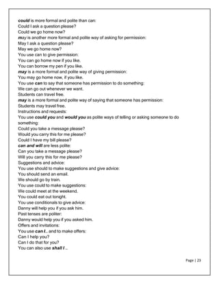 Page | 23
could is more formal and polite than can:
Could I ask a question please?
Could we go home now?
may is another more formal and polite way of asking for permission:
May I ask a question please?
May we go home now?
You use can to give permission:
You can go home now if you like.
You can borrow my pen if you like.
may is a more formal and polite way of giving permission:
You may go home now, if you like.
You use can to say that someone has permission to do something:
We can go out whenever we want.
Students can travel free.
may is a more formal and polite way of saying that someone has permission:
Students may travel free.
Instructions and requests:
You use could you and would you as polite ways of telling or asking someone to do
something:
Could you take a message please?
Would you carry this for me please?
Could I have my bill please?
can and will are less polite:
Can you take a message please?
Will you carry this for me please?
Suggestions and advice:
You use should to make suggestions and give advice:
You should send an email.
We should go by train.
You use could to make suggestions:
We could meet at the weekend.
You could eat out tonight.
You use conditionals to give advice:
Danny will help you if you ask him.
Past tenses are politer:
Danny would help you if you asked him.
Offers and invitations:
You use can I… and to make offers:
Can I help you?
Can I do that for you?
You can also use shall I …
 