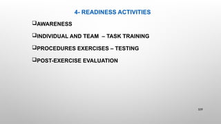4- READINESS ACTIVITIES
AWARENESS
INDIVIDUAL AND TEAM – TASK TRAINING
PROCEDURES EXERCISES – TESTING
POST-EXERCISE EVALUATION
109
 