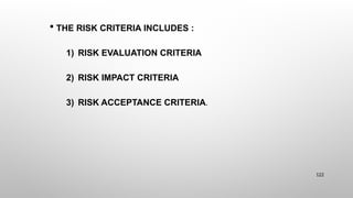  THE RISK CRITERIA INCLUDES :
1) RISK EVALUATION CRITERIA
2) RISK IMPACT CRITERIA
3) RISK ACCEPTANCE CRITERIA.
122
 