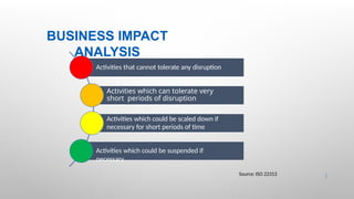 BUSINESS IMPACT
ANALYSIS
15 |
Activities that cannot tolerate any disruption
Activities which can tolerate very
short periods of disruption
Activities which could be scaled down if
necessary for short periods of time
Activities which could be suspended if
necessary
Source: ISO 22313
 