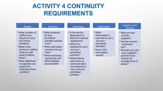 ACTIVITY 4 CONTINUITY
REQUIREMENTS
22 |
People
• What number of
staff do you
require to carry
out critical
activities?
• What is the
minimum staffing
level you will
need to deliver
these?
• What skills/level
of expertise are
required to
undertake these
activities?
Premises
• What locations
do your
prioritised
activities operate
from?
• What alternative
premises do you
have?
• What machinery,
equipment and
other facilities
are essential?
Technology
• Is the service
dependant on
electrical medical
equipment?
• What IT is
essential to carry
out your
prioritised
activities?
• What systems
and means of
communication
are required to
carry out your
prioritised
activities
Information
• What
Information is
essential to carry
out your
prioritised
activities?
• How is this
information
stored?
Suppliers and
Partners
• Who are your
priority
suppliers?
• Are key services
contracted
out?
• Do both you and
your suppliers/
partners have
mutual aid
arrangements in
please?
 