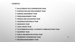 • EXAMPLES :
 AN ALTERNATE SITE COORDINATION TEAM
 CONTRACTING AND PROCUREMENT TEAM
 DAMAGE ASSESSMENT TEAM
 CRISIS MANAGEMENT TEAM
 FINANCE AND ACCOUNTING TEAM
 HAZARDOUS MATERIALS TEAM
 INSURANCE TEAM
 LEGAL ISSUES TEAM
 TELECOMMUNICATIONS / ALTERNATE COMMUNICATIONS TEAM
 EQUIPMENT TEAM
 PUBLIC AND MEDIA RELATIONS TEAM
 TRANSPORT COORDINATION TEAM
 RECORDS MANAGEMENT TEAM
80
 