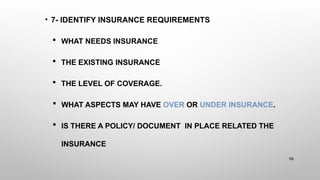 • 7- IDENTIFY INSURANCE REQUIREMENTS
 WHAT NEEDS INSURANCE
 THE EXISTING INSURANCE
 THE LEVEL OF COVERAGE.
 WHAT ASPECTS MAY HAVE OVER OR UNDER INSURANCE.
 IS THERE A POLICY/ DOCUMENT IN PLACE RELATED THE
INSURANCE
96
 