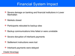 Citadel Advantage
Financial System Impact
 Severe damage on banking and financial institutions in Lower
Manhattan
 Markets closed
 Participants relocated to backup sites
 Backup communications links failed or were unreliable
 Severe disruption of interbank payments
 Settlement instructions were lost
 Interbank payments were delayed
 