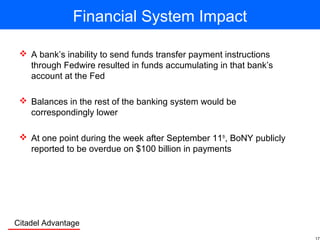 Citadel Advantage
Financial System Impact
 A bank’s inability to send funds transfer payment instructions
through Fedwire resulted in funds accumulating in that bank’s
account at the Fed
 Balances in the rest of the banking system would be
correspondingly lower
 At one point during the week after September 11th
, BoNY publicly
reported to be overdue on $100 billion in payments
 