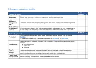 8. Emergency preparedness checklist
Things to do locally
By date or
review on 
Local
government Consult local government to determine region/area specific hazards and risks.
Local
emergency
management
plan
Locate and view the local emergency management plan and be aware of evacuation arrangements.
Contact details
for emergency
services
Check the contact details of local emergency services and agencies and put them in places that will
be easy to find in an emergency. Schedule routine checks of the contact list to keep it up to date.
Stock and equipment
By date or
review on

First aid kit
Check first aid kit supplies and ‘use by’ dates, add/replace items as required. Find out more at
WorkSafe.
Or buy a ready-made kit from a reputable organisation like St John’s or the Red Cross.
Emergency kit
Have an emergency kit packed and ready to go in the event of evacuating your workplace. Include
copies of:
 critical documents
 action plan
 contacts
Supplies Develop a contingency plan to source goods and services from other suppliers (if necessary).
Storage Identify possible alternative storage arrangements for stock, plant and equipment.
Protect stock
and equipment Prepare a strategy to protect stock and equipment if it can’t be moved.
 