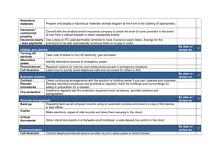 Hazardous
materials Prepare and display a hazardous materials storage diagram at the front of the building (if appropriate).
Insurance /
commercial
property
Consult with the landlord and/or insurance company to check the level of cover provided in the event
of loss from a natural disaster or other unexpected events.
Insurance expiry
/ auto payments
Use a diary or PC-calendar/mobile reminder to track insurance expiry dates. Arrange for the
premiums to be paid automatically to ensure there is no gap in cover.
Utilities and phones
By date or
review on

Turning off
services
Take note of where to turn off electricity, gas and water.
Alternative
power
Identify alternative sources of emergency power.
Phone/internet Research options for internet and mobile phone access in emergency situations.
Call diversion Learn how to quickly divert telephone calls and document for others to find.
Business location
By date or
review on

Contract Check contractual arrangements with the landlord or building owner if you can’t operate your business
Disaster
procedures
Develop standard procedures and practices to regularly check the buildings and surroundings for
safety in preparation for a disaster.
Fire protection
Install and regularly test fire protection equipment such as alarms, sprinkler systems and
extinguishers.
Records management
By date or
review on

Back-up Regularly back-up all computer records using an automatic process and ensure a copy of the backup
is kept offsite
Copies
Make electronic copies of vital records and store them securely in the cloud.
Critical
documents Store critical documents in a fire/water-proof container, a safe deposit box and/or in the cloud.
Communication
By date or
review on

Call diversion Contact telephone/internet service provider to put in place a plan to divert phones.
 