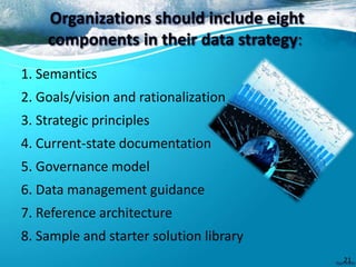 Organizations should include eight
components in their data strategy:
1. Semantics
2. Goals/vision and rationalization
3. Strategic principles
4. Current-state documentation
5. Governance model
6. Data management guidance
7. Reference architecture
8. Sample and starter solution library
21
 