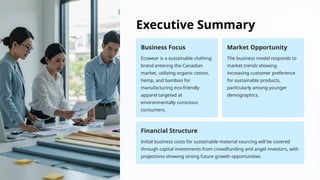 Executive Summary
Business Focus
Ecowear is a sustainable clothing
brand entering the Canadian
market, utilizing organic cotton,
hemp, and bamboo for
manufacturing eco-friendly
apparel targeted at
environmentally conscious
consumers.
Market Opportunity
The business model responds to
market trends showing
increasing customer preference
for sustainable products,
particularly among younger
demographics.
Financial Structure
Initial business costs for sustainable material sourcing will be covered
through capital investments from crowdfunding and angel investors, with
projections showing strong future growth opportunities.
 