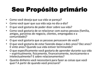 Seu Propósito primário Como você deseja que sua vida se pareça? Como você quer que sua vida seja no dia-a-dia? O que você gostaria de poder dizer sobre sua vida? Como você gostaria de se relacionar com outras pessoas (família, amigos, parceiros de negocio, clientes, empregados e a comunidade)? O que você gostaria que as pessoas pensassem de você? O que você gostaria de estar fazendo daqui a dois anos? Dez anos? E vinte anos? Quando sua vida estiver terminando? O que especificamente você gostaria de aprender durante sua vida – espiritualmente, fisicamente, financeiramente, tecnicamente e intelectualmente? E sobre relacionamentos? Quanto dinheiro você necessitará para fazer as coisas que você quer? A partir de quando você precisará? 