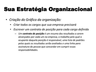 Sua Estratégia Organizacional Criação do Gráfico da organização: Criar todos os cargos que sua empresa precisará Escrever um contrato de posição para cada cargo definido Um  contrato de posição  é um resumo dos resultados a serem alcançados por cada um na empresa, o trabalho pelo qual o ocupante daquela posição é responsável, uma lista de padrões pelos quais os resultados serão avaliados e uma linha para assinatura da pessoa que concordar em cumprir essas responsabilidades. 