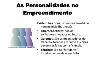 As Personalidades no Empreendimento Existem três tipos de pessoas envolvidas num negócio (business): Empreendedores : São os sonhadores, focados no futuro. Gerentes : São os organizadores do trabalho, focados em como as coisas devem ser feitas com eficiência. Técnicos : São os “fazedores”, focados no que deve ser feito 