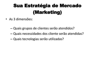 Sua Estratégia de Mercado (Marketing) As 3 dimensões: Quais grupos de clientes serão atendidos? Quais necessidades dos cliente serão atendidas? Quais tecnologias serão utilizadas? 