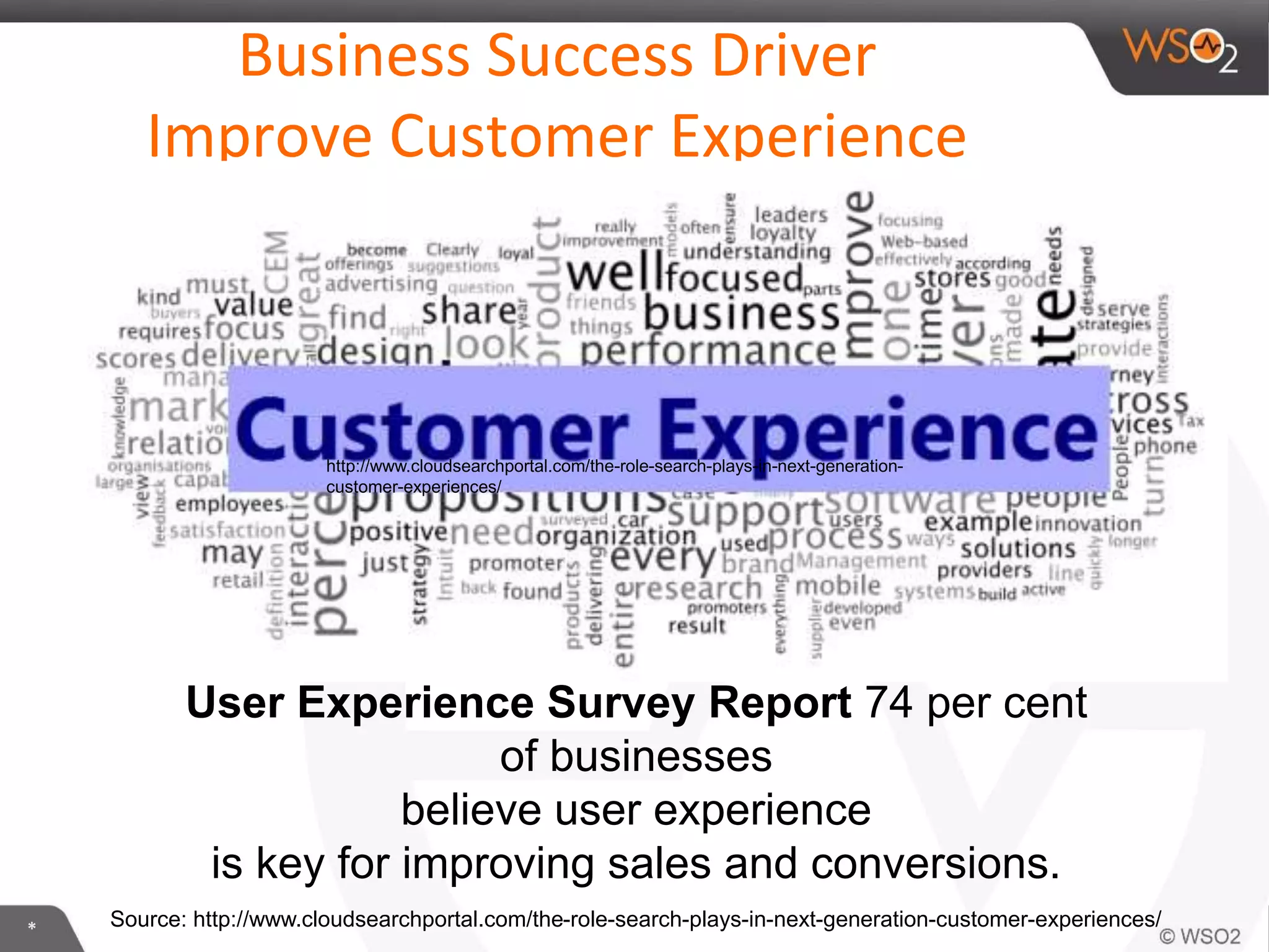 *
Business Success Driver
Improve Customer Experience
User Experience Survey Report 74 per cent
of businesses
believe user experience
is key for improving sales and conversions.
Source: http://www.cloudsearchportal.com/the-role-search-plays-in-next-generation-customer-experiences/
http://www.cloudsearchportal.com/the-role-search-plays-in-next-generation-
customer-experiences/
 