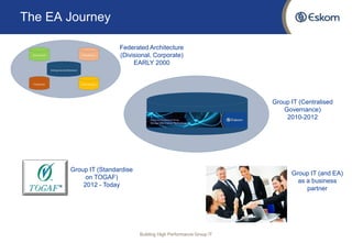 The EA Journey 
Building High Performance Group IT 
Federated Architecture (Divisional, Corporate) 
EARLY 2000 
Group IT (Centralised Governance) 
2010-2012 
Group IT (Standardise on TOGAF) 2012 - Today 
Group IT (and EA) as a business partner  