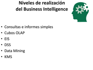 Niveles de realización
del Business Intelligence
• Consultas e informes simples
• Cubos OLAP
• EIS
• DSS
• Data Mining
• KMS
 