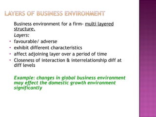 Business environment for a firm-  multi layered structure. Layers: favourable/ adverse exhibit different characteristics affect adjoining layer over a period of time Closeness of interaction & interrelationship diff at diff levels Example: changes in global business environment may effect the domestic growth environment significantly 