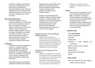 certification is highly recommended. In
many cases, employers like to see at
least five years of professional
experience before hiring into a financial
management position. Typical jobs that
individuals may pursue as an entry point
to finance management may include
loan officer,
Educational Requirements
-​ A bachelor’s degree in finance,
business management, or a related field
is the minimum requirement to work in
finance management. A master’s
degree may be required for senior-level
positions. Typical coursework for
bachelor’s degree programs in finance
or business management may include
accounting, economics, finance, and
human resources. Many master's
programs will offer internships, along
with some bachelor’s programs.
Internships are highly recommended
Certification
-​ Certification is optional but suggested if
you plan on a long-term career in
finance management. Professional
trade organizations typically offer
certification. The type of certification you
earn can be specialized to your job title
or role. Common certifications that
financial management professionals
hold include:
-​ Certified Management Account (CMA)
certification is offered by the Institute of
Management Accountants (IMA) and is
ideal for anyone wanting to work in
financial management. Requirements
include at least two years of
professional experience and a
bachelor’s degree.
-​ Chartered Financial Analyst (CFA)
certification offered by the CFA institute
focuses on investment analysis. This
certification is for financial management
professionals who want to work in
senior-level positions like CFO.
Educational and experiential
requirements are also necessary to
enroll in the CFA program.
Certified Government Financial Manager
(CGFM) certification
-​ offered by the Association of
Government Accountants (AGA) is for
professionals who work in government
financial management specifically. You’ll
need at least two years of professional
experience in government financial
management to earn certification.
Certified Treasury Professional (CTP)
certification
-​ offered by the Association of Financial
Professionals (AFP) can benefit anyone
who wants to work in corporate treasury.
This certification focuses on risk
management, corporate liquidity, and
ethics. You'll need to meet educational
and experiential requirements for this
certification, with several options
available for admittance into the CTP
program.
SKILLS
-​ Careers in finance management require
a mix of financial skills and business
skills. It’s essential to understand
business operations, but proficiency in
accounting, financial, and data analytics
is equally important. Finance
management merges management and
finance. You may find success working
in the field of finance management if
you hold these skills:
Workplace skills
•Good communication
•Problem-solving skills
•Organized
•Quality leader
•Proficiency in public speaking and
presentation
•Ability to manage a group of people
•Detail-oriented
•Analytical skills
•Strong decision-making skills
•Ethical
Technical skills
•Basic and advanced math skills (algebra,
statistics, basic computing)
 