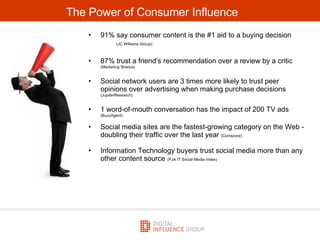 The Power of Consumer Influence <ul><li>91% say consumer content is the #1 aid to a buying decision  (JC Williams Group) <...