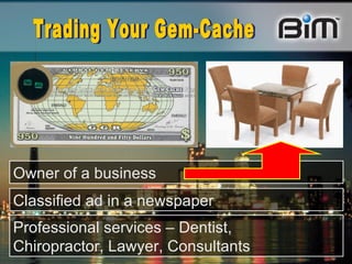 Owner of a business Classified ad in a newspaper Professional services – Dentist, Chiropractor, Lawyer, Consultants Trading Your Gem-Cache  