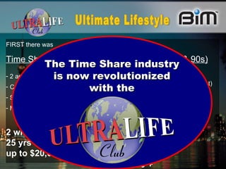 FIRST there was Time Share  (60s &70s) 2 adults registration Cannot upgrade accommodations   Same place, same time every yr Must pay maintenance charges 2 wks per yr  25 yrs up to $20,000 THEN there was… Flexi Share  (80s & 90s) 2 adult registration 1 wk you can  upgrade  (extra cost)  1 wk you cannot 1 wk flexible (extra cost)  1 wk same place, same time every yr must pay maintenance on 1 wk  2 wks per yr   25 yrs  $20,000 + Ultimate Lifestyle The Time Share industry is now revolutionized  with the 