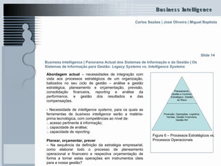 Abordagem actual  – necessidades de integração com vista aos processos estratégicos de um organização, balizados no seu ciclo de gestão – análise e gestão estratégica, planeamento e orçamentação, previsão, consolidação financeira,  reporting  e análise da  performance , e gestão dos resultados e das compensações. - Necessidade de  intelligence systems , para os quais as ferramentas de  business intelligence  serão a matéria-prima tecnológica, com competências ao nível de: :.  acesso pertinente à informação; :.  capacidade de análise; :.  capacidade de  reporting .  Planear, orçamentar, prever  –  Na sequência da definição da estratégia empresarial, como elaborar todo o processo de planeamento operacional e financeiro e respectiva orçamentação de forma a tornar estas operações em instrumentos úteis para a nossa gestão? Slide 14 Figura 6 – Processos Estratégicos vs. Processos Operacionais Business Intelligence | Panorama Actual dos Sistemas de Informação e da Gestão   | Os Sistemas de Informação para Gestão:  Legacy Systems   vs. Intelligence Systems   Planeamento, Gestão e Controlo, Estratégico, Gestão do Risco Produção, Operações, Logística, Vendas, Gestão Financeira, Gestão RH 