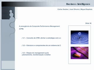 A emergência do Corporate Performance Management (CPM)   .: 5.1 – Conceito de CPM: alinhar a estratégia com a execução   .: 5.2 – Estrutura e componentes de um sistema de CPM   .: 5.3 – Etapas do  management   cycle : planeamento, monitorização e análise Slide 36 