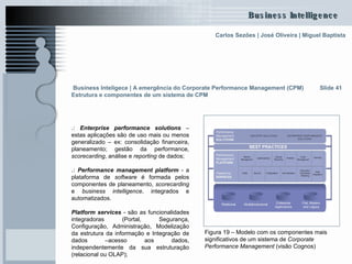Slide 41 Figura 19 – Modelo com os componentes mais significativos de um sistema   de  Corporate Performance Management  (visão Cognos)   .:  Enterprise performance solutions  – estas aplicações são de uso mais ou menos generalizado – ex: consolidação financeira, planeamento; gestão da performance , scorecarding , análise e  reporting  de dados; .:  Performance management platform  - a plataforma de  software  é formada pelos componentes de planeamento,  scorecarding  e  business   intelligence , integrados e automatizados. Platform services  - são as funcionalidades integradoras (Portal, Segurança, Configuração, Administração, Modelização da estrutura da informação e Integração de dados –acesso aos dados, independentemente da sua estruturação (relacional ou OLAP);  Business Inteligece | A emergência do Corporate Performance Management (CPM)   Estrutura e componentes de um sistema de CPM 