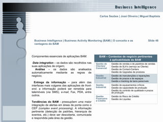 Slide 48 Componentes essenciais de aplicações BAM: Data integration  – os dados são recolhidos nas suas aplicações de origem; Análise  – os dados são analisados automaticamente mediante as regras de negócio; Entrega da informação  – para além das interfaces mais vulgares das aplicações de  front-end , a informação poderá ser remetida para telemóveis (via SMS),  e-mail , Fax, PDA, entre outros. Tendências do BAM  - pressupõem uma maior integração de alertas em áreas de ponta como o CEP  (complex event processing) . A informação pertinente (detecção de padrões, hierarquia de eventos, etc.) deve ser descoberta, comunicada e respondida pela área da gestão.  Business Intelligence | Business Activity Monitoring (BAM) | O conceito e as vantagens do BAM   Gestão de equipamentos críticos Gestão da capacidade de produção Gestão do controlo de qualidade e prazos de produção Gestão Industrial Gestão do Risco de Crédito Gestão da Liquidez Gestão Financeira e Crédito Gestão de manutenções e reparações Gestão de prazos e de espaços Gestão e tracking de bens perecíveis Gestão Industrial Gestão de vendas e de  pipelines  de vendas Gestão de SLA’s (serviço ao Cliente) Gestão de Contact-Centers Gestão de Upgrades de produtos Gestão de Clientes/ Comercial BAM – Contextos de negócio pertinentes à aplicabilidade do BAM   