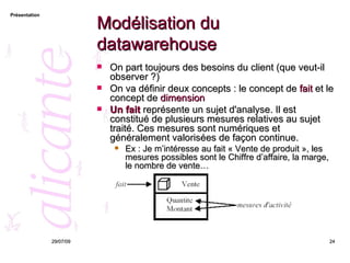 Modélisation du datawarehouse On part toujours des besoins du client (que veut-il observer ?) On va définir deux concepts : le concept de  fait  et le concept de  dimension   Un fait  représente un sujet d'analyse. Il est constitué de plusieurs mesures relatives au sujet traité. Ces mesures sont numériques et généralement valorisées de façon continue. Ex : Je m’intéresse au fait « Vente de produit », les mesures possibles sont le Chiffre d’affaire, la marge, le nombre de vente… dede 26/05/09 