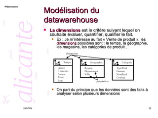 Modélisation du datawarehouse La dimensions  est le critère suivant lequel on souhaite évaluer, quantifier, qualifier le fait. Ex : Je m’intéresse au fait « Vente de produit », les  dimensions  possibles sont : le temps, la géographie, les magasins, les catégories de produit… On part du principe que les données sont des faits à analyser selon plusieurs dimensions 26/05/09 