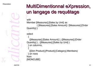 MultiDimentionnal eXpression, un langage de requêtage 26/05/09 with  Member [Measures].[Sales by Unit]  as   ( [Measures].[Sales Amount] / [Measures].[Order Quantity] ) select  { ([Measures].[Sales Amount] ), ([Measures].[Order Quantity] ) , ([Measures].[Sales by Unit] ) } on columns, { ([Dim Product].[Product].[Category].Members) } on rows from [MONCUBE] 
