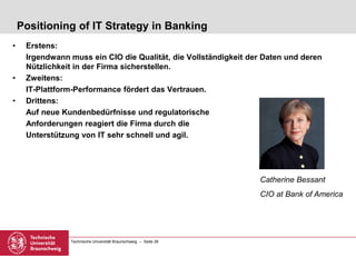 Technische Universität Braunschweig – Seite 28
Positioning of IT Strategy in Banking
• Erstens:
Irgendwann muss ein CIO die Qualität, die Vollständigkeit der Daten und deren
Nützlichkeit in der Firma sicherstellen.
• Zweitens:
IT-Plattform-Performance fördert das Vertrauen.
• Drittens:
Auf neue Kundenbedürfnisse und regulatorische
Anforderungen reagiert die Firma durch die
Unterstützung von IT sehr schnell und agil.
Catherine Bessant
CIO at Bank of America
 