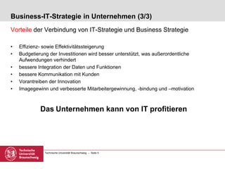 Technische Universität Braunschweig – Seite 5
Business-IT-Strategie in Unternehmen (3/3)
Vorteile der Verbindung von IT-Strategie und Business Strategie
• Effizienz- sowie Effektivitätssteigerung
• Budgetierung der Investitionen wird besser unterstützt, was außerordentliche
Aufwendungen verhindert
• bessere Integration der Daten und Funktionen
• bessere Kommunikation mit Kunden
• Vorantreiben der Innovation
• Imagegewinn und verbesserte Mitarbeitergewinnung, -bindung und –motivation
Das Unternehmen kann von IT profitieren
 